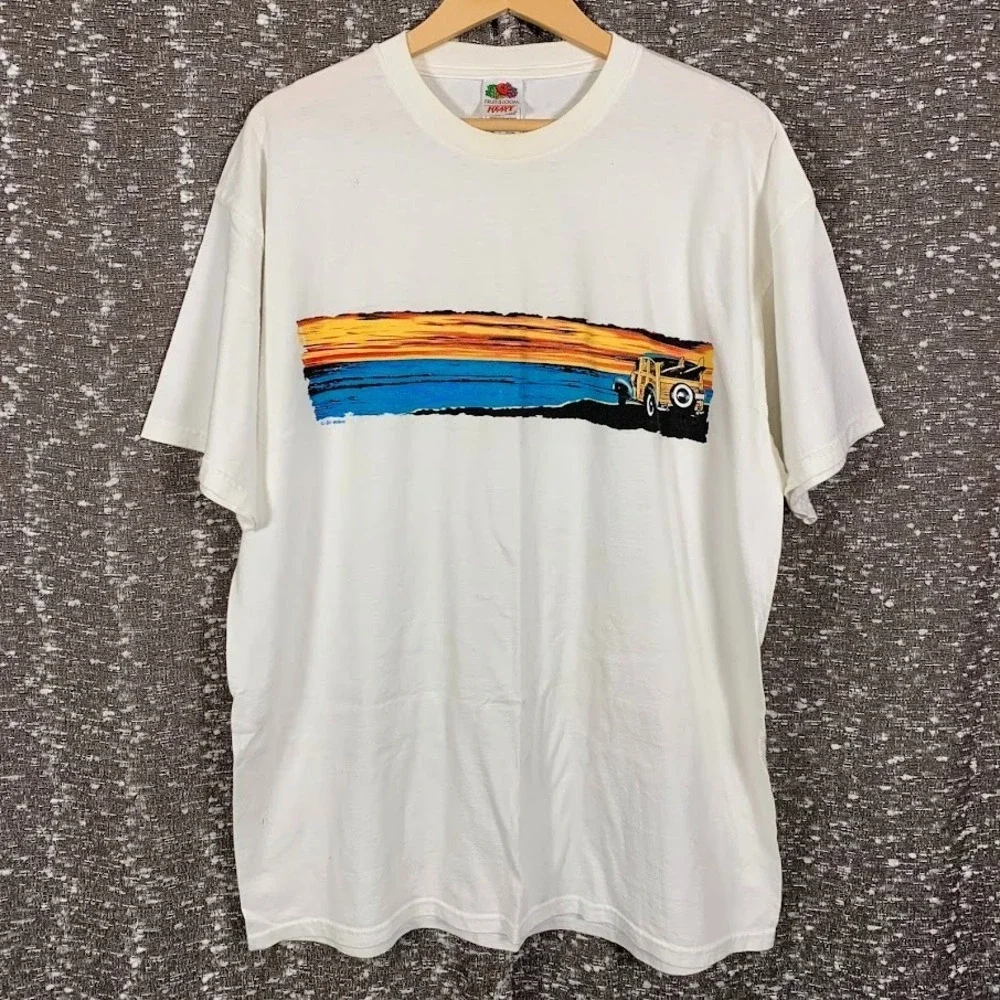 Vintage Fruit of the Loom Airwaves Woodie Car Beach Scene T-Shirt Men's XL